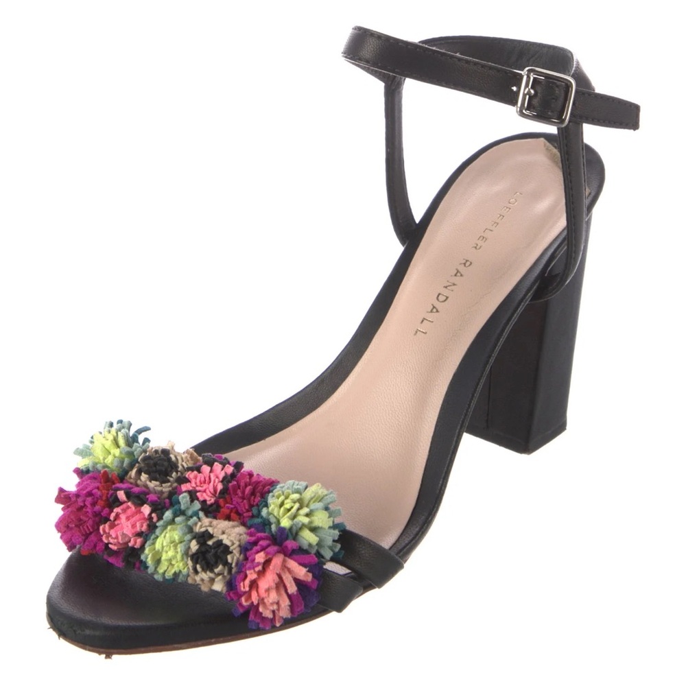 Loeffler Randall Flower Tassle Black Leather Strappy Heeled Sandals EUC Size 8